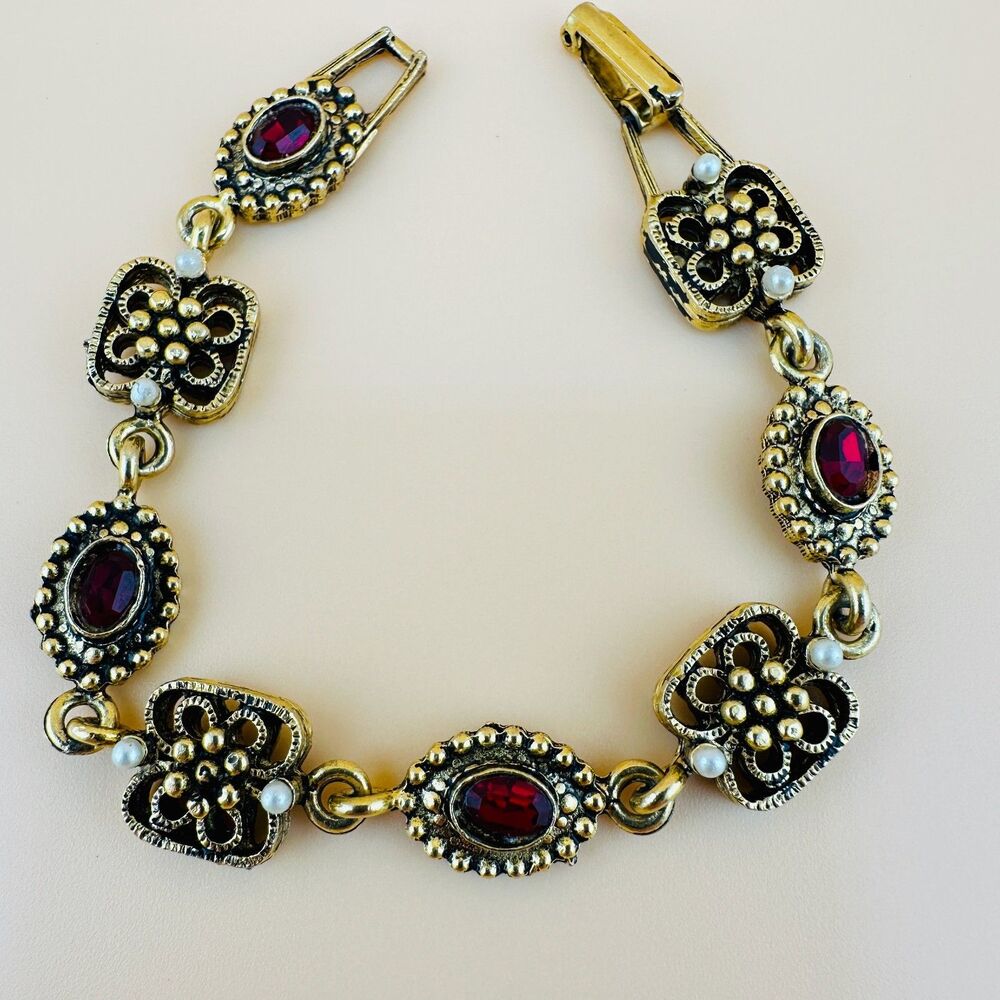 Vintage Victorian Revival Bracelet Red Rhinestone Gold Tone Faux Seed Pearl 6" - Picture 1 of 15